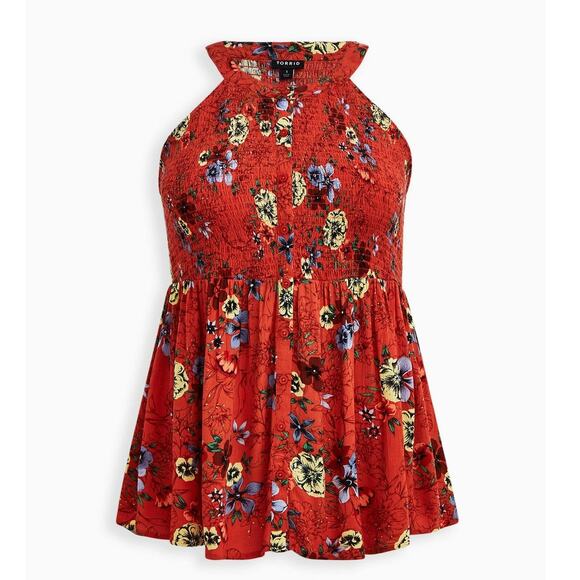 Torrid Smocked Top Babydoll Size 4X Rayon Crepe Tank Button Front Floral Red EUC - Picture 1 of 12